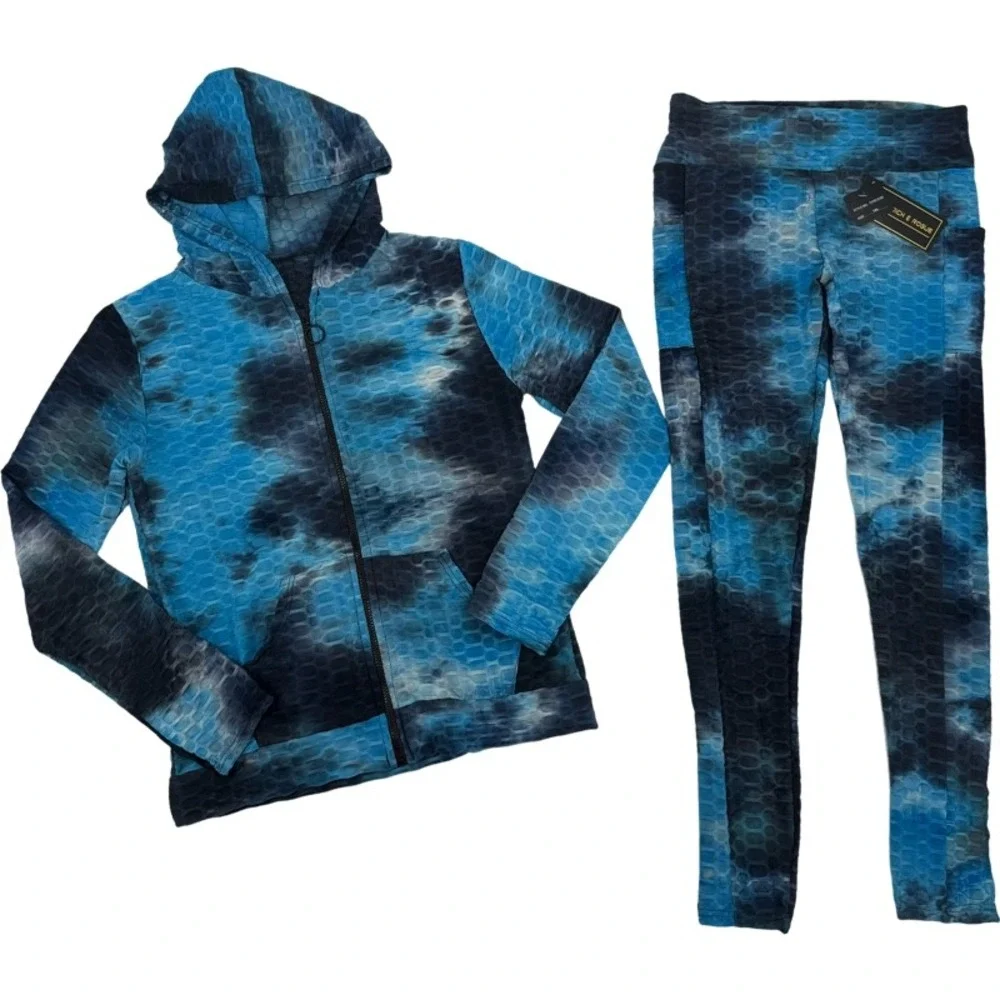 RICH & ROGUE NEW 1XL Tracksuit Lot Blue Black Tie Dye Honeycomb Textured Active